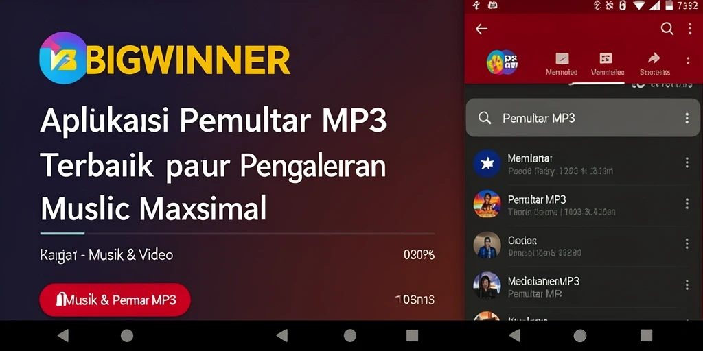 Antarmuka pengguna aplikasi BIGWINNER menunjukkan fitur Pemutar MP3 yang menarik.